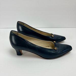 Bally of Switzerland Vintage Navy Leather Gold Knot Pumps, Women’s Size 6.5
